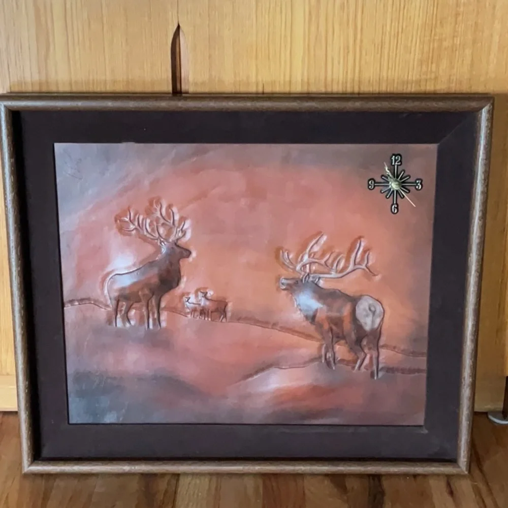 Tooled Clock LEATHER Signed Bo-BEK  Herd of Elk /Bucks 70’s Wall Decor Great